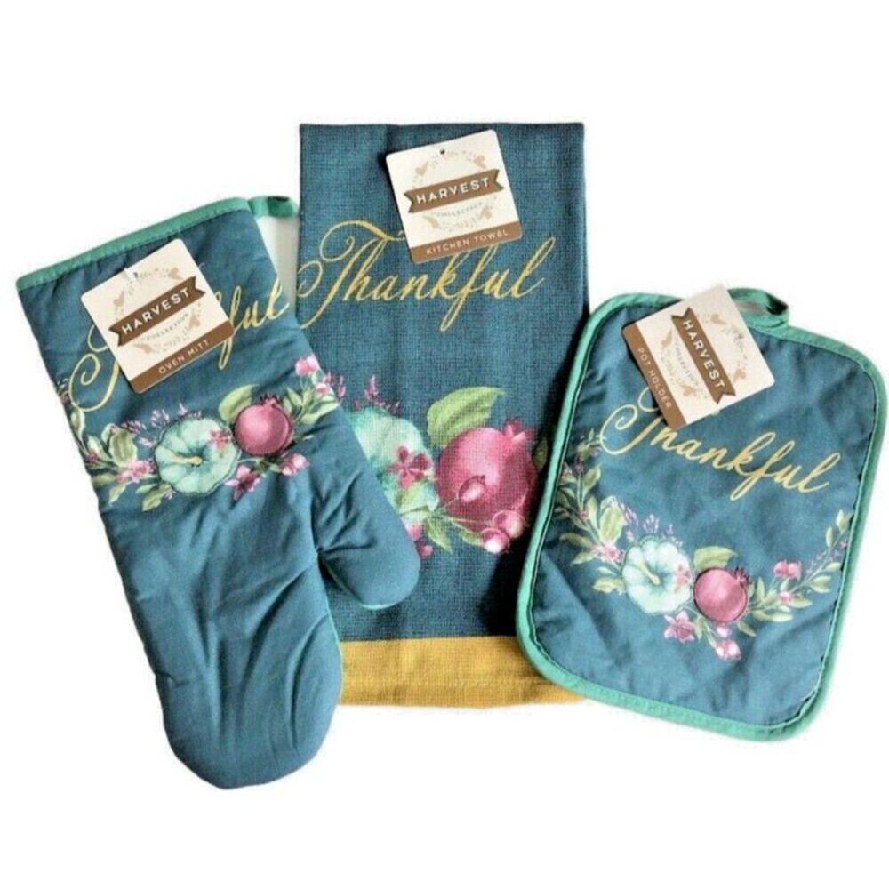 Thankful Kitchen Dish Towel Oven Mitt Potholder Thanksgiving Autumn Fall Set of3